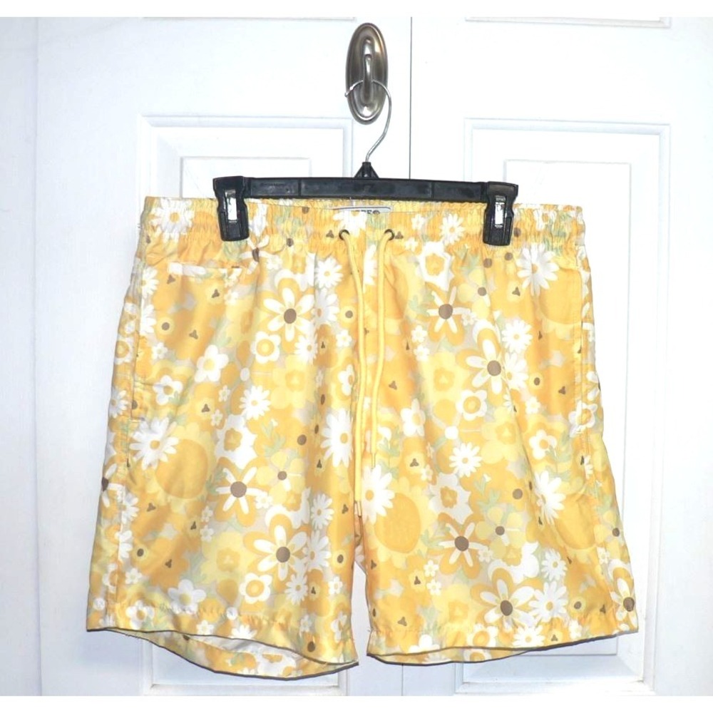 Free Planet Men's Elastic Waist Drawcord Floral Print Swim Trunks Yellow‎ Large